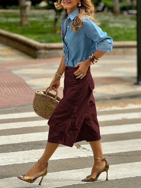 Loose Wide Leg Buttoned Pockets Solid Color Split-Joint Capri-Pants Cropped Trousers - Image 9