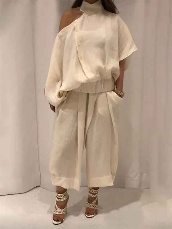 Loose Wide Leg Buttoned Solid Color Casual Pants Bottoms Trousers - Image 3