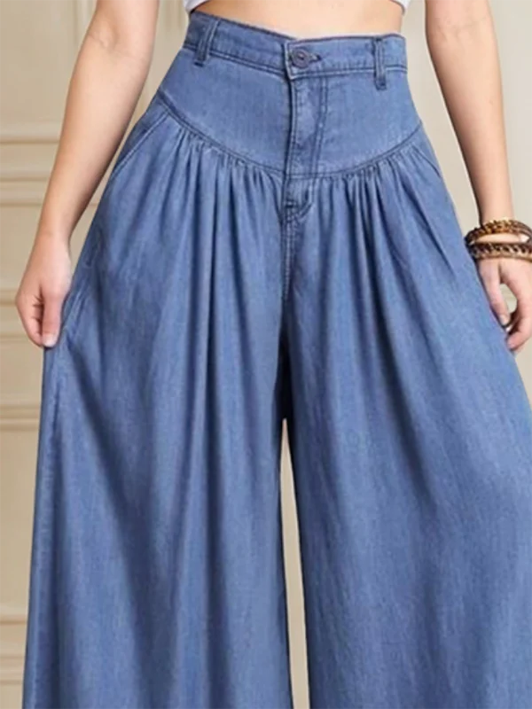 Loose Wide Leg Buttoned Solid Color Zipper Jean Pants Bottoms Trousers - Image 2