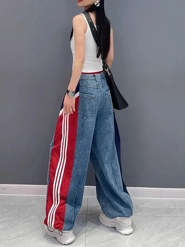 Loose Wide Leg Contrast Color Drawstring Elasticity Fringed Split-Joint Jean Pants Bottoms - Image 10