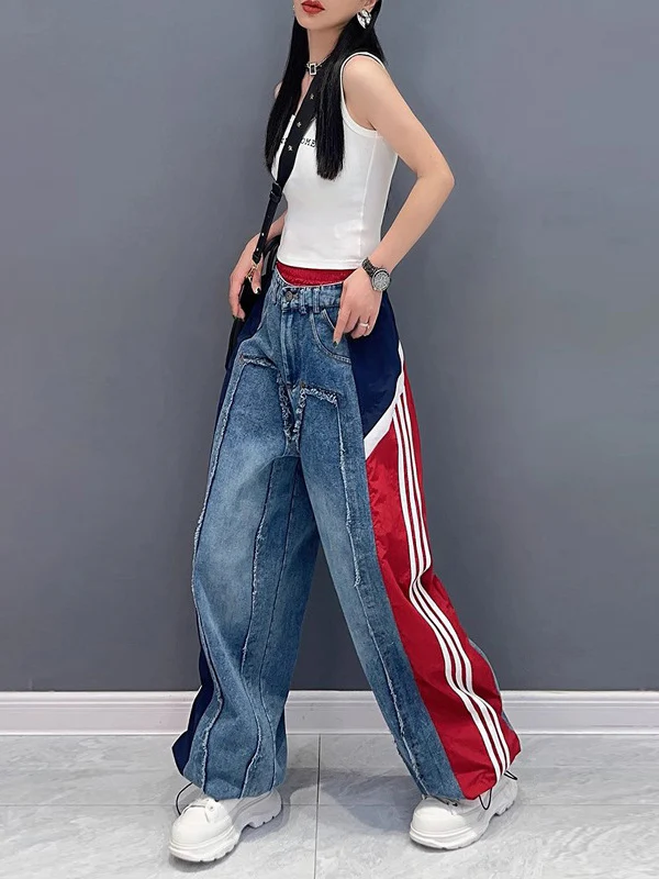 Loose Wide Leg Contrast Color Drawstring Elasticity Fringed Split-Joint Jean Pants Bottoms - Image 11