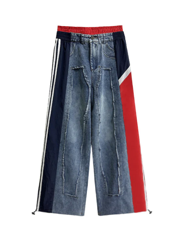 Loose Wide Leg Contrast Color Drawstring Elasticity Fringed Split-Joint Jean Pants Bottoms - Image 12