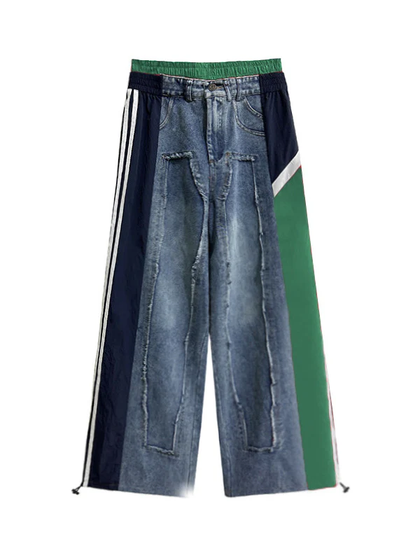 Loose Wide Leg Contrast Color Drawstring Elasticity Fringed Split-Joint Jean Pants Bottoms - Image 13