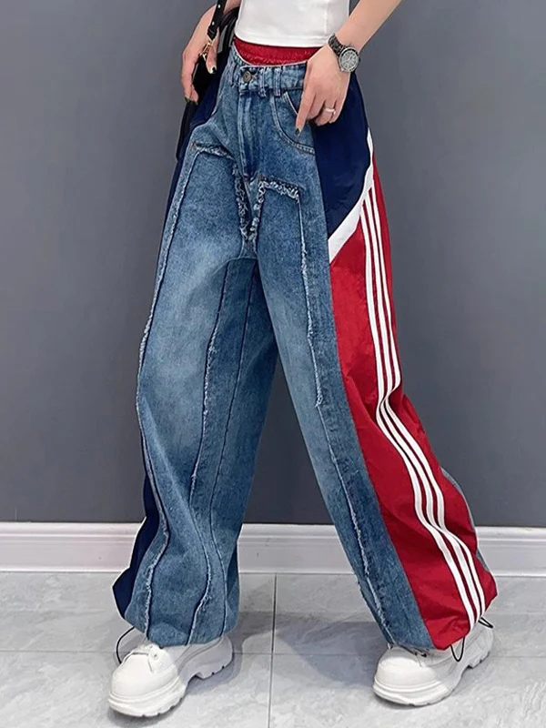 Loose Wide Leg Contrast Color Drawstring Elasticity Fringed Split-Joint Jean Pants Bottoms - Image 2