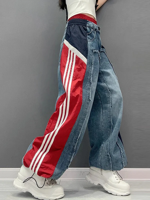 Loose Wide Leg Contrast Color Drawstring Elasticity Fringed Split-Joint Jean Pants Bottoms - Image 3
