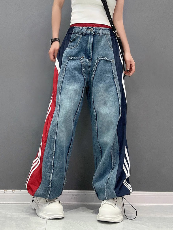 Loose Wide Leg Contrast Color Drawstring Elasticity Fringed Split-Joint Jean Pants Bottoms - Image 4