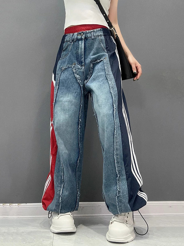 Loose Wide Leg Contrast Color Drawstring Elasticity Fringed Split-Joint Jean Pants Bottoms - Image 5