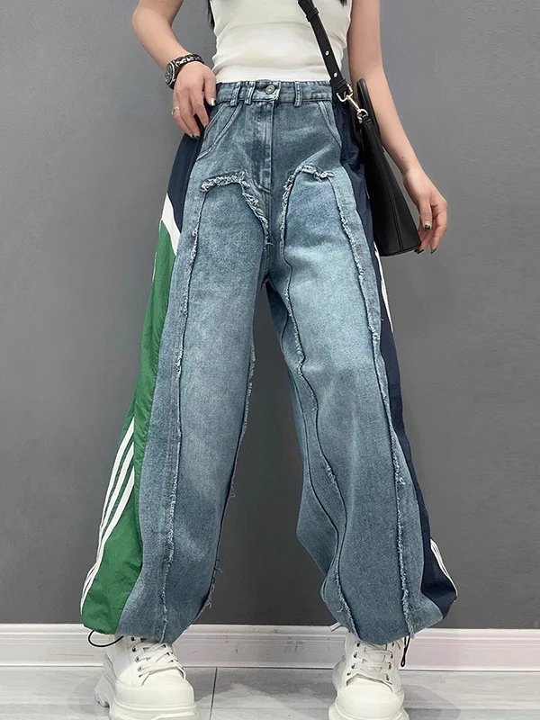 Loose Wide Leg Contrast Color Drawstring Elasticity Fringed Split-Joint Jean Pants Bottoms - Image 6