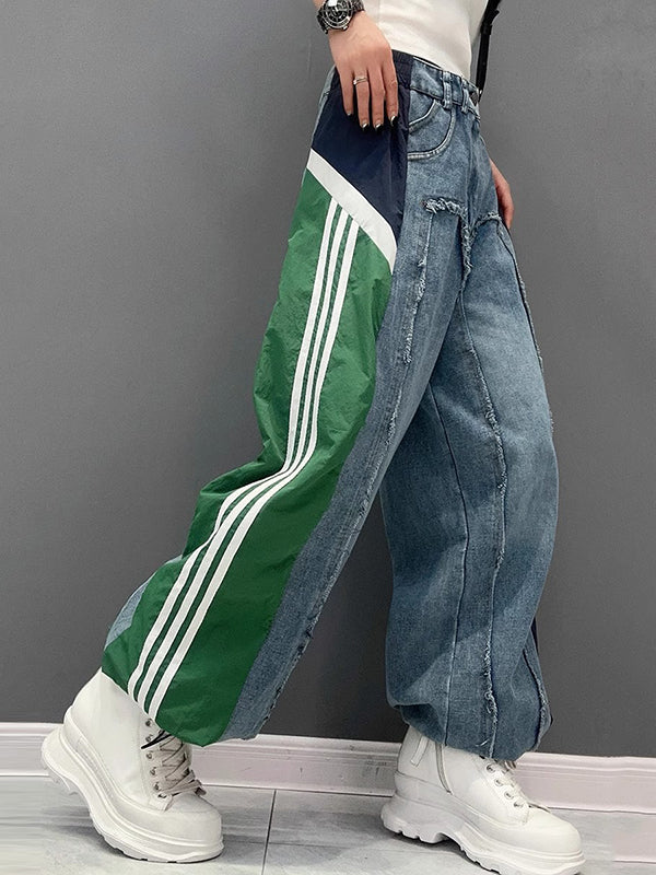 Loose Wide Leg Contrast Color Drawstring Elasticity Fringed Split-Joint Jean Pants Bottoms - Image 7