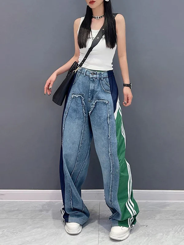 Loose Wide Leg Contrast Color Drawstring Elasticity Fringed Split-Joint Jean Pants Bottoms - Image 8