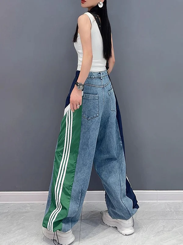 Loose Wide Leg Contrast Color Drawstring Elasticity Fringed Split-Joint Jean Pants Bottoms - Image 9