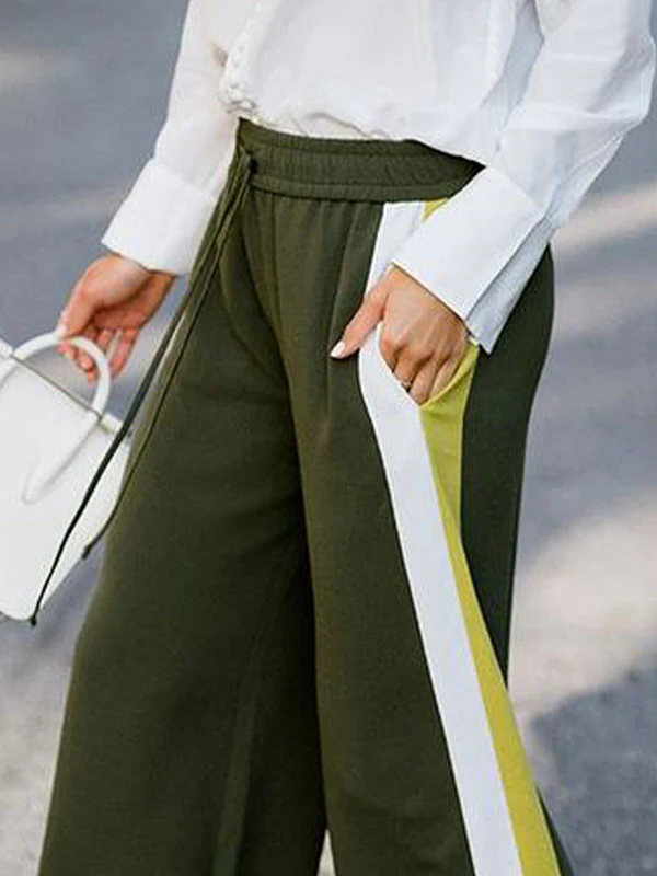 Loose Wide Leg Contrast Color Drawstring Elasticity Split-Joint Pants Trousers - Image 2