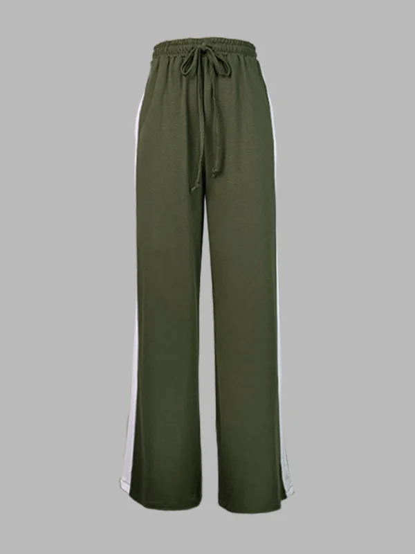 Loose Wide Leg Contrast Color Drawstring Elasticity Split-Joint Pants Trousers - Image 4