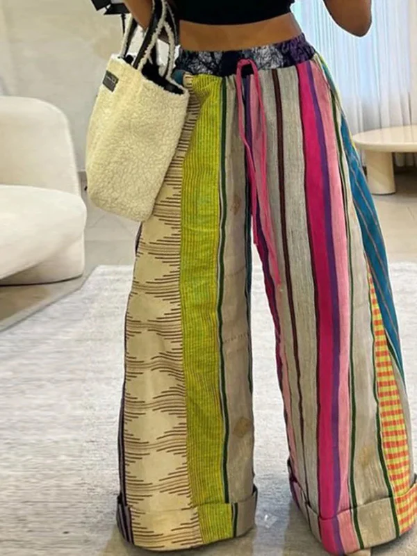 Loose Wide Leg Contrast Color Drawstring Printed Striped Casual Pants Bottoms Trousers - Image 2