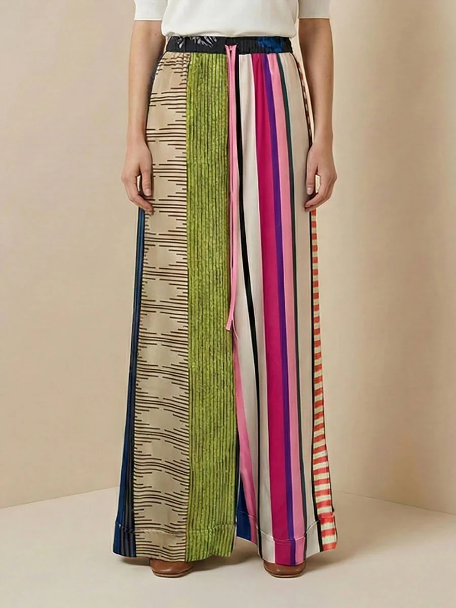 Loose Wide Leg Contrast Color Drawstring Printed Striped Casual Pants Bottoms Trousers - Image 3
