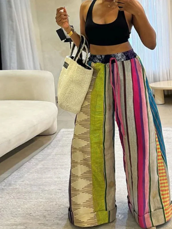 Loose Wide Leg Contrast Color Drawstring Printed Striped Casual Pants Bottoms Trousers - Image 4