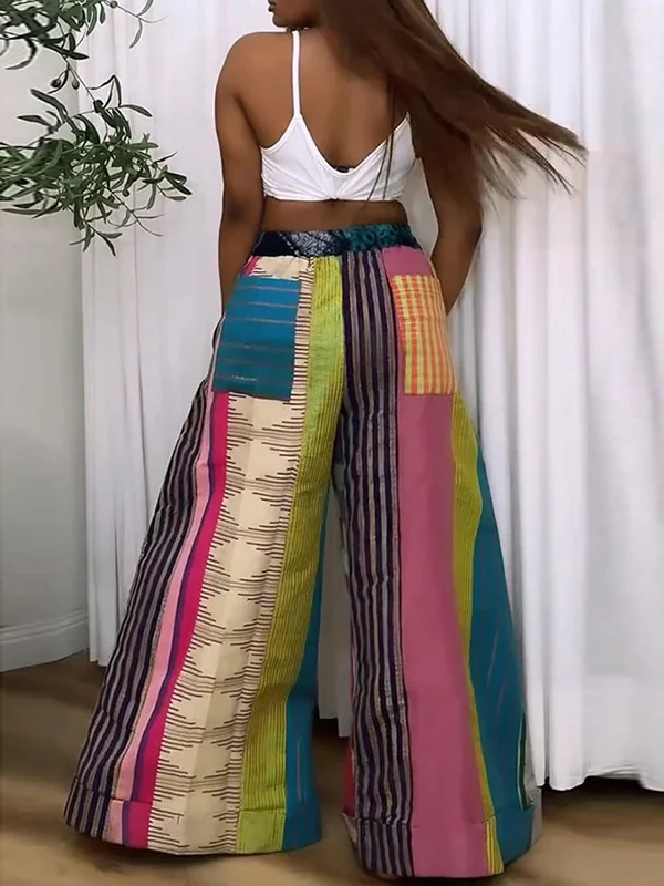 Loose Wide Leg Contrast Color Drawstring Printed Striped Casual Pants Bottoms Trousers - Image 5