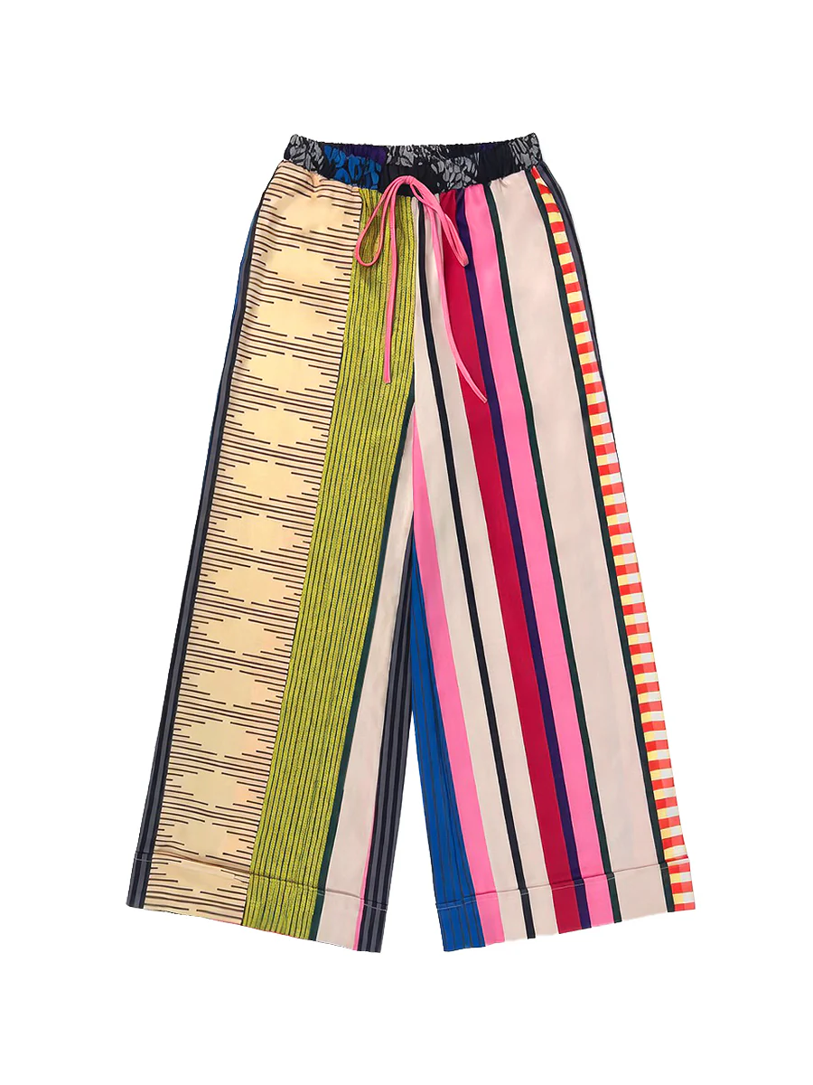 Loose Wide Leg Contrast Color Drawstring Printed Striped Casual Pants Bottoms Trousers - Image 6