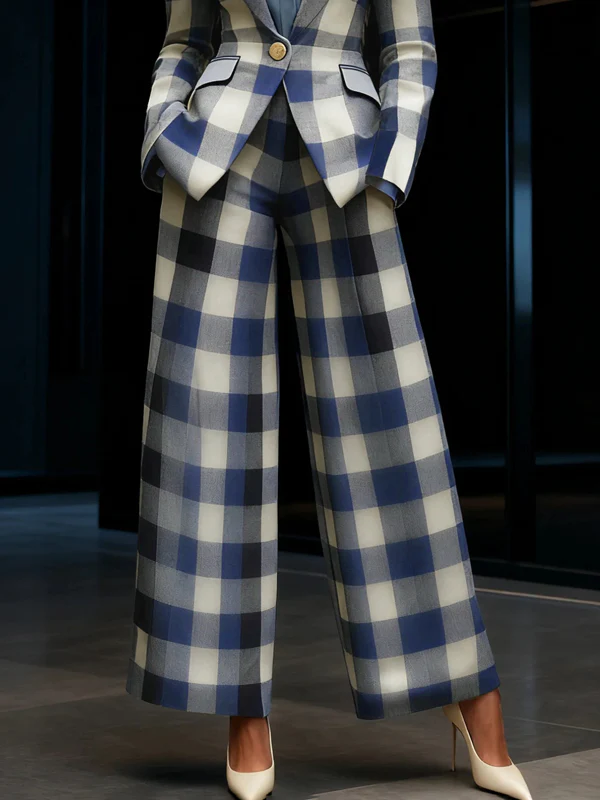 Loose Wide Leg Contrast Color Elasticity Plaid Pockets Pants Trousers - Image 2