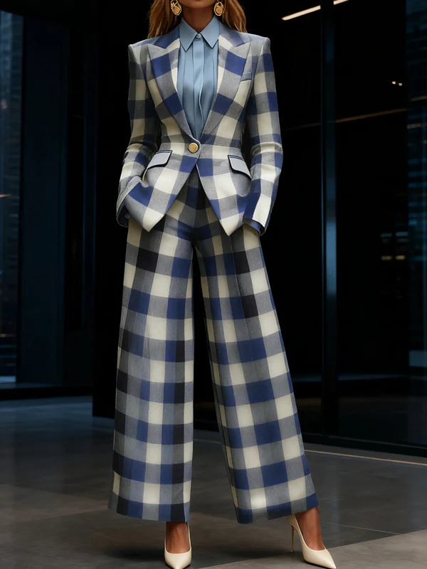 Loose Wide Leg Contrast Color Elasticity Plaid Pockets Pants Trousers - Image 3