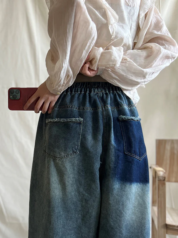 Loose Wide Leg Contrast Color Elasticity Pockets Jean Pants Bottoms - Image 2