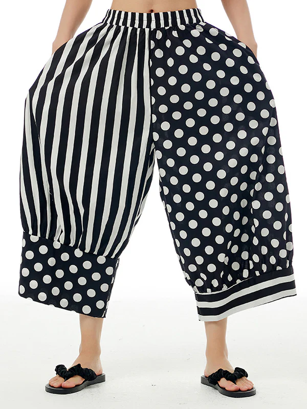 Loose Wide Leg Contrast Color Elasticity Polka-Dot Split-Joint Striped Cropped Trousers Pants - Image 3