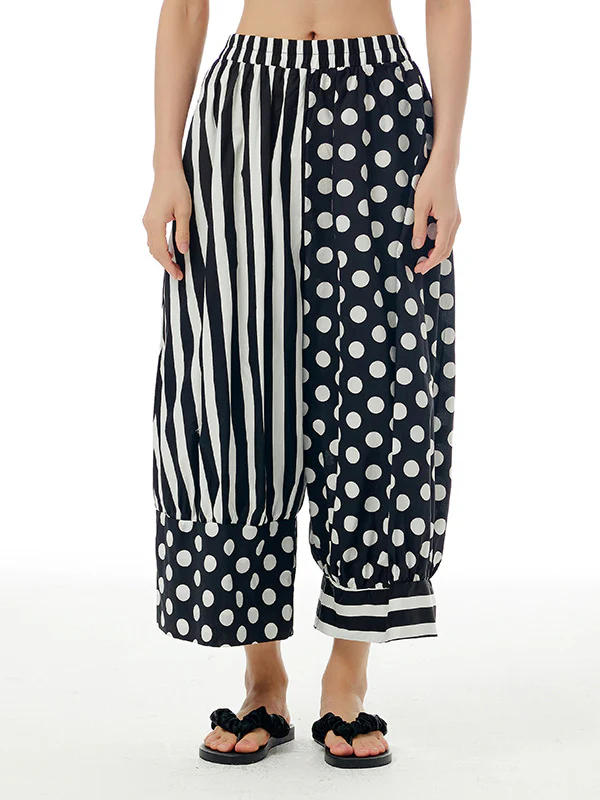 Loose Wide Leg Contrast Color Elasticity Polka-Dot Split-Joint Striped Cropped Trousers Pants - Image 4
