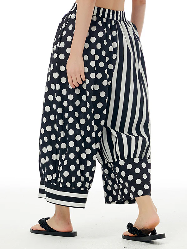 Loose Wide Leg Contrast Color Elasticity Polka-Dot Split-Joint Striped Cropped Trousers Pants - Image 5