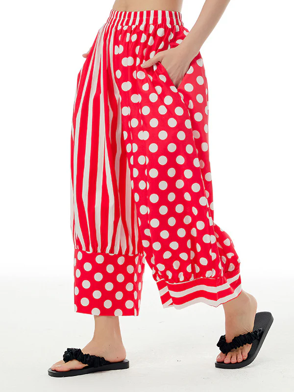 Loose Wide Leg Contrast Color Elasticity Polka-Dot Split-Joint Striped Cropped Trousers Pants - Image 6