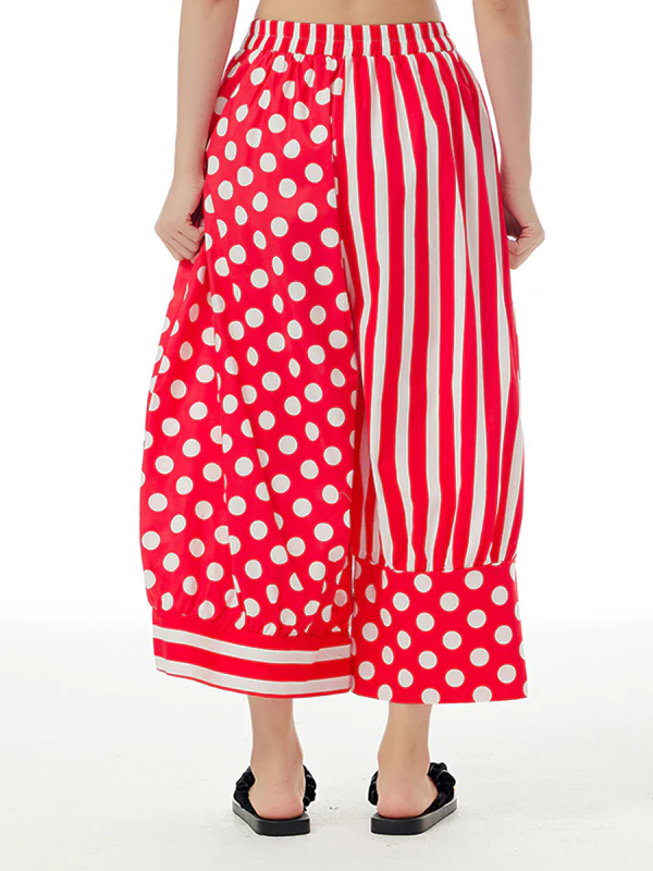 Loose Wide Leg Contrast Color Elasticity Polka-Dot Split-Joint Striped Cropped Trousers Pants - Image 7