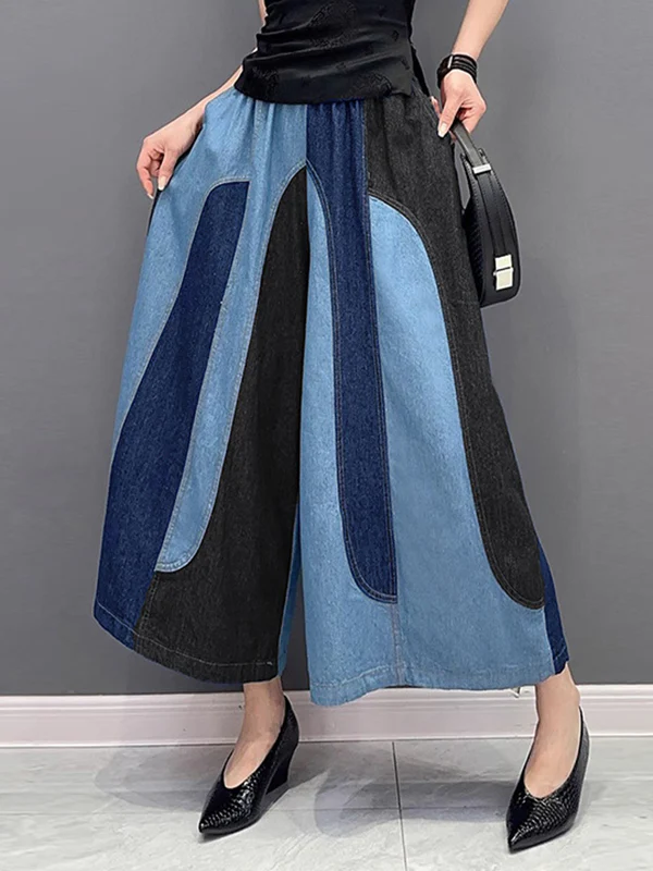 Loose Wide Leg Contrast Color Elasticity Split-Joint Jean Pants Bottoms - Image 2
