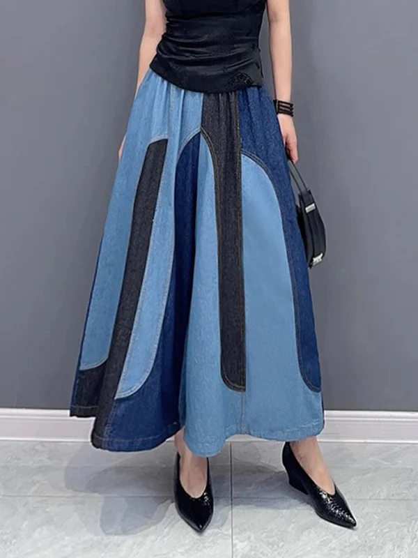 Loose Wide Leg Contrast Color Elasticity Split-Joint Jean Pants Bottoms - Image 3
