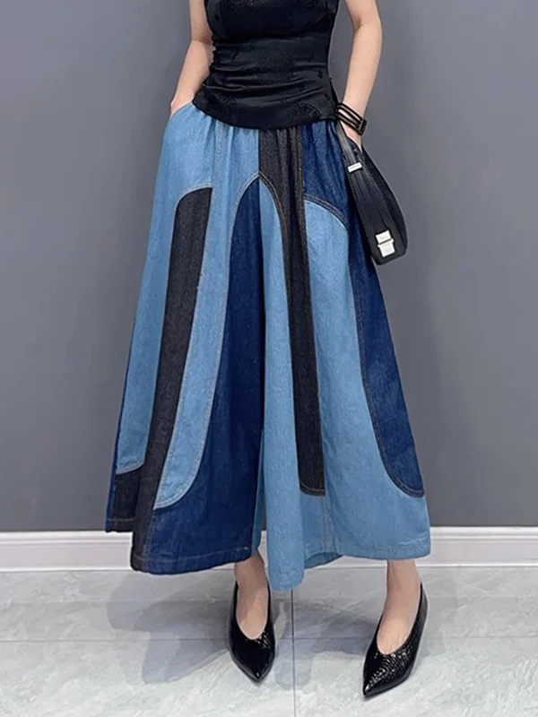 Loose Wide Leg Contrast Color Elasticity Split-Joint Jean Pants Bottoms - Image 4
