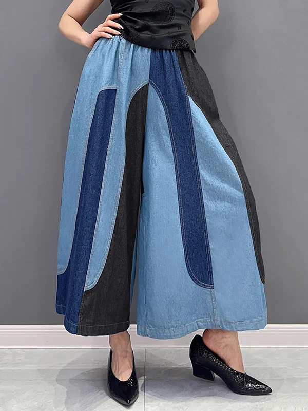 Loose Wide Leg Contrast Color Elasticity Split-Joint Jean Pants Bottoms - Image 5