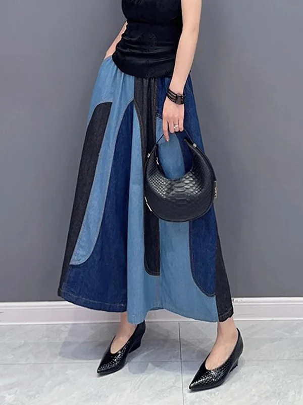 Loose Wide Leg Contrast Color Elasticity Split-Joint Jean Pants Bottoms - Image 6