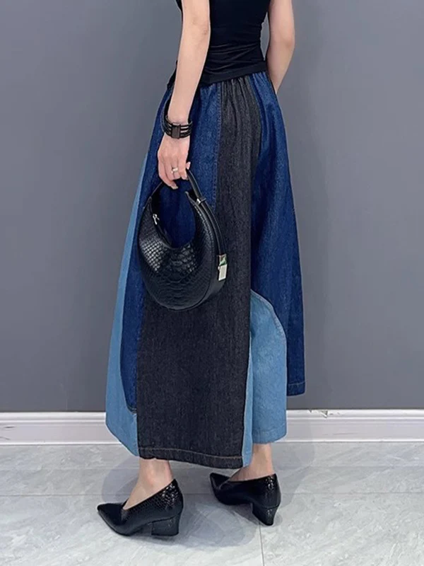 Loose Wide Leg Contrast Color Elasticity Split-Joint Jean Pants Bottoms - Image 7