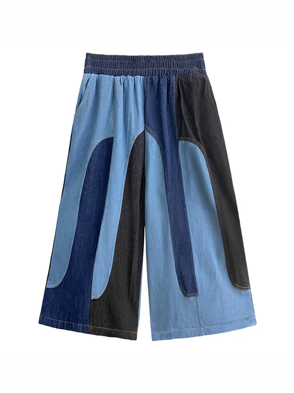 Loose Wide Leg Contrast Color Elasticity Split-Joint Jean Pants Bottoms - Image 8
