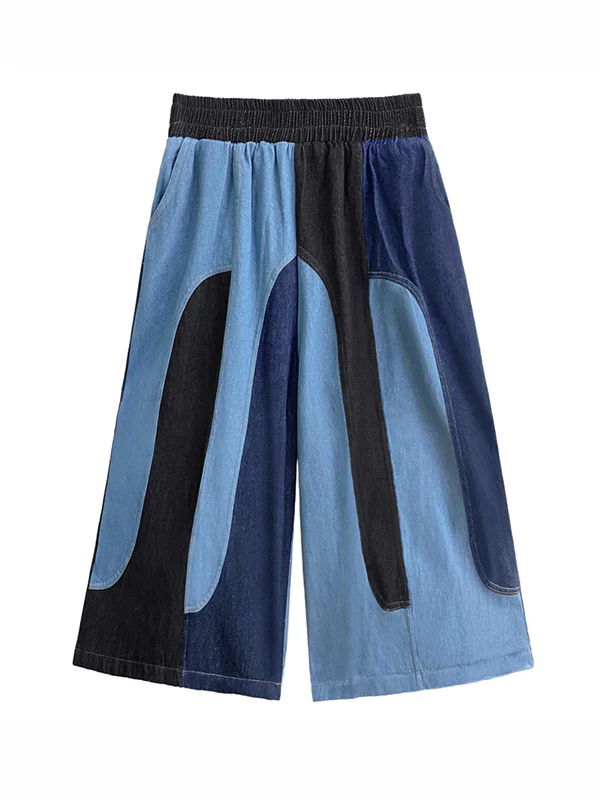 Loose Wide Leg Contrast Color Elasticity Split-Joint Jean Pants Bottoms - Image 9