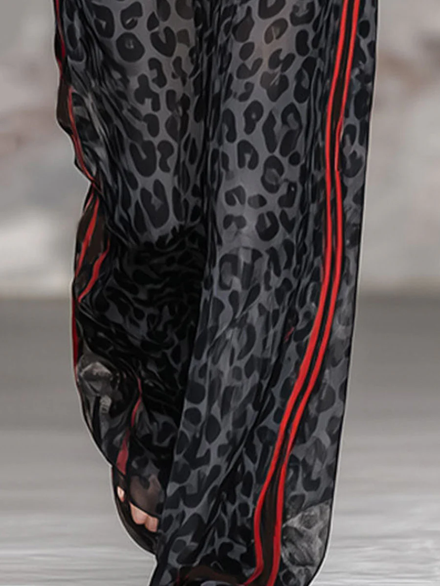 Loose Wide Leg Contrast Color Leopard Pockets Split-Joint Striped Pants Trousers - Image 4