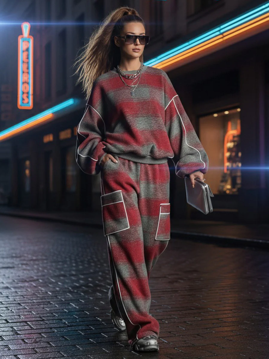 Loose Wide Leg Contrast Color Line Pockets Split-Joint Striped Pants - Image 10