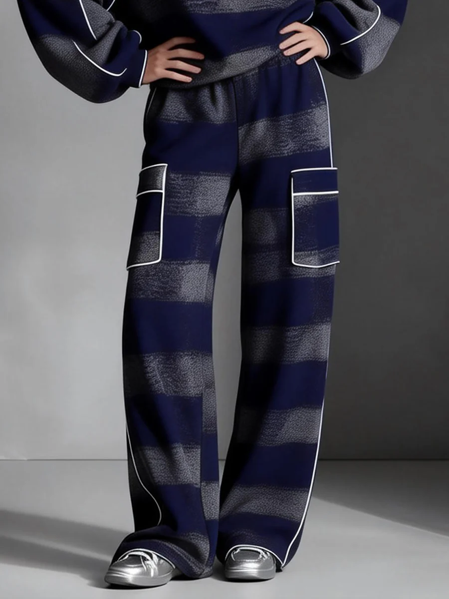 Loose Wide Leg Contrast Color Line Pockets Split-Joint Striped Pants - Image 2