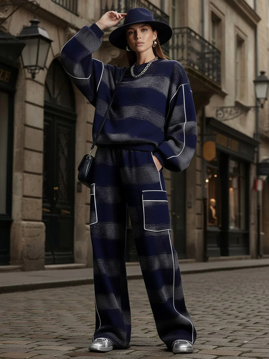 Loose Wide Leg Contrast Color Line Pockets Split-Joint Striped Pants - Image 4