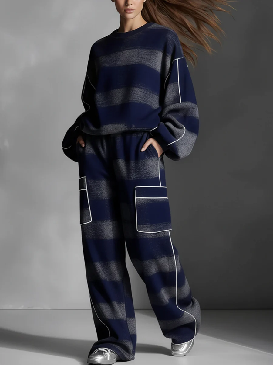 Loose Wide Leg Contrast Color Line Pockets Split-Joint Striped Pants - Image 5