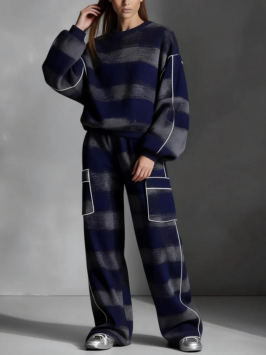 Loose Wide Leg Contrast Color Line Pockets Split-Joint Striped Pants - Image 6