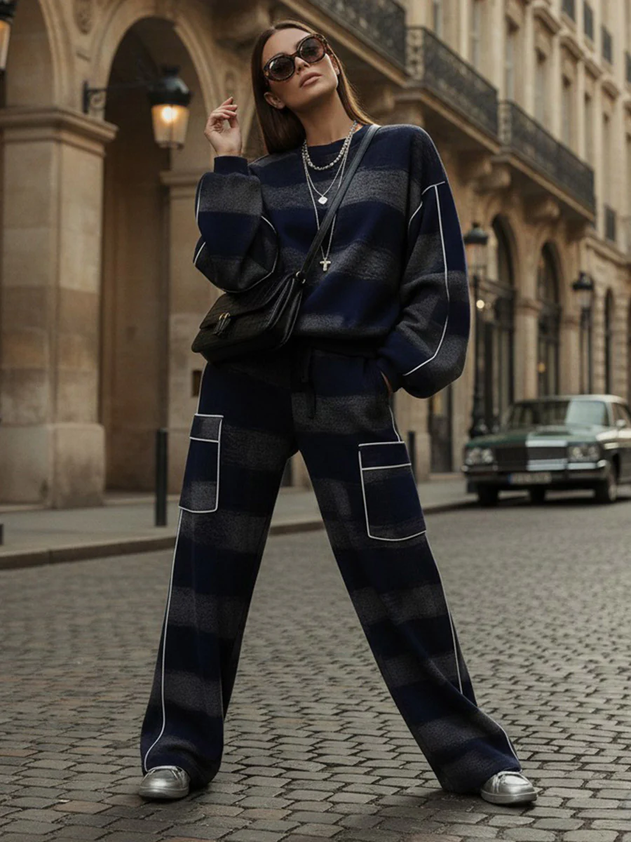 Loose Wide Leg Contrast Color Line Pockets Split-Joint Striped Pants - Image 7