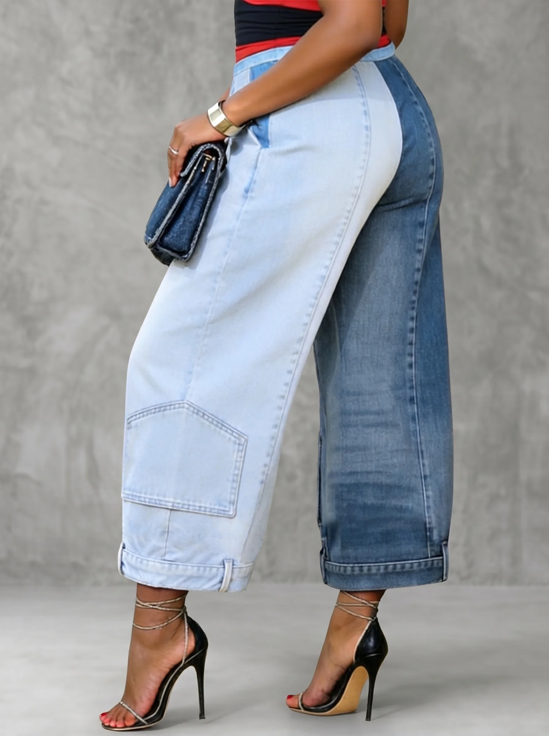 Loose Wide Leg Contrast Color Pockets Jean Pants Bottoms - Image 2