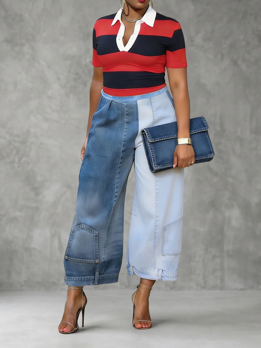 Loose Wide Leg Contrast Color Pockets Jean Pants Bottoms - Image 3