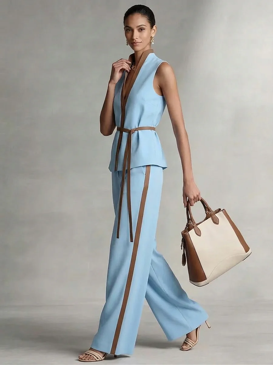 Loose Wide Leg Contrast Color Pockets Pants Trousers - Image 2