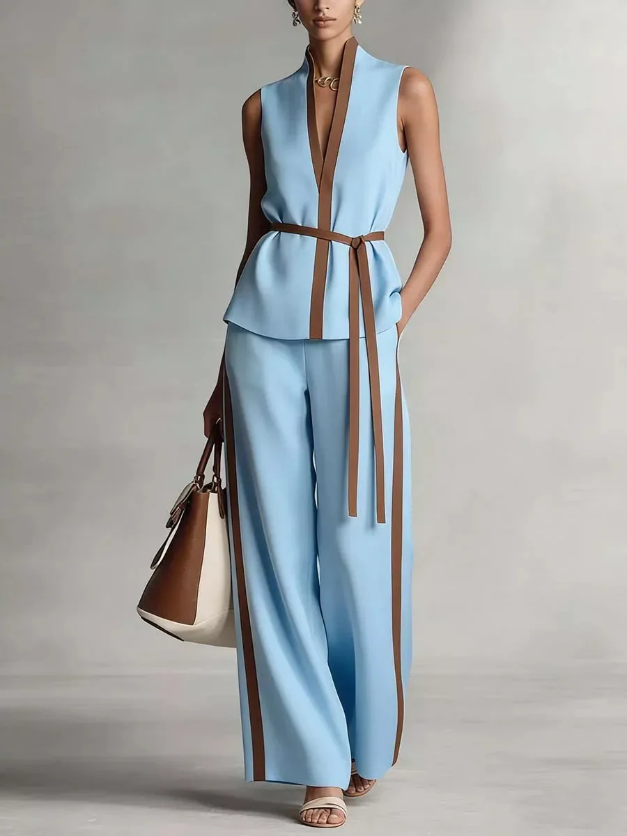 Loose Wide Leg Contrast Color Pockets Pants Trousers - Image 3