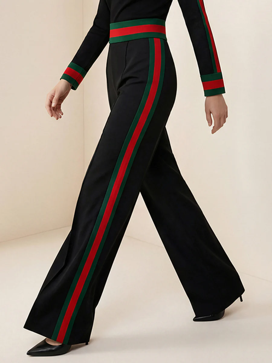 Loose Wide Leg Contrast Color Pockets Split-Joint Striped Pants - Image 4